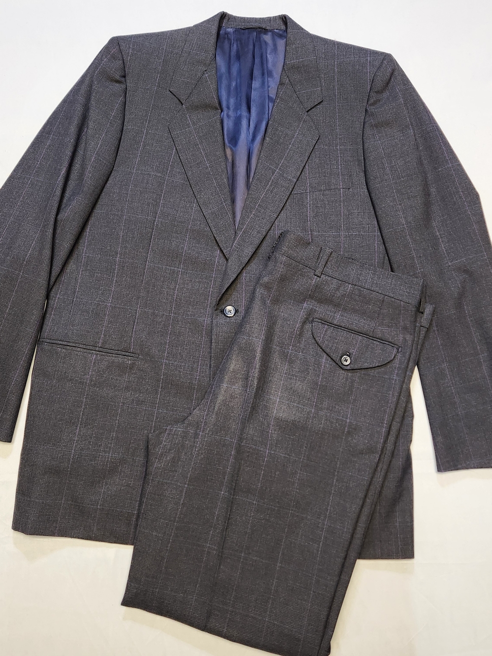 Tom James Gray 2 piece Suit 46L Windowpane 100% Wool Pleated Cuffed Pants 36x34